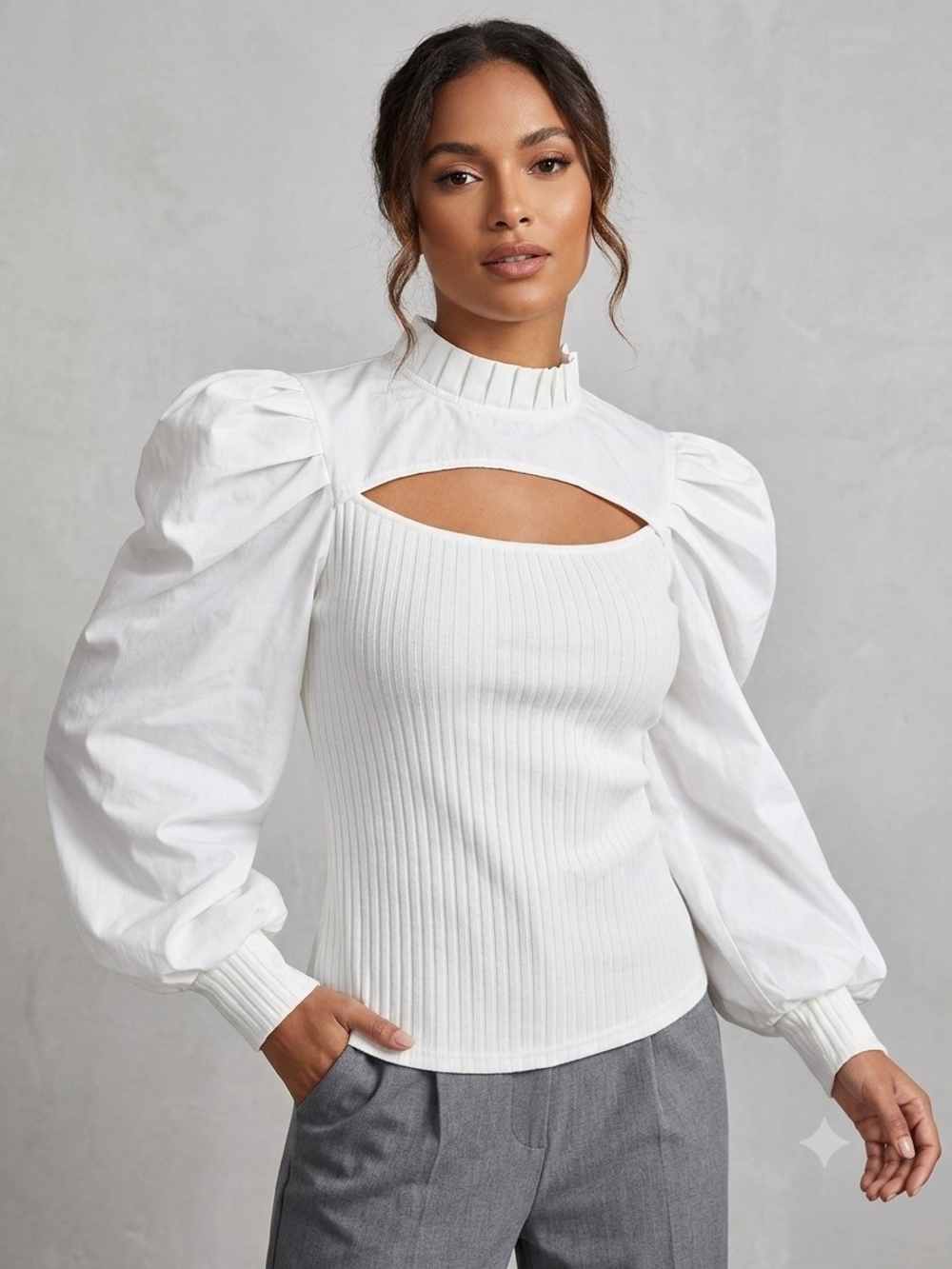 Elegant White Puff-Sleeve Cutout Ribbed Top - High Neck